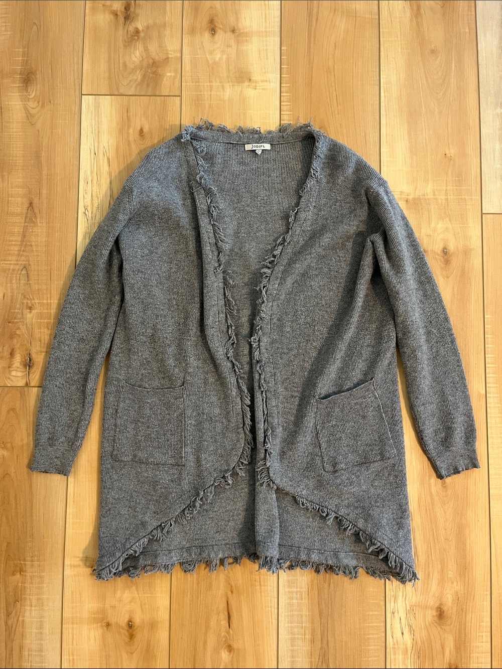 Frayed-Edge Blue-Gray Open Front Cardigan Sweater
